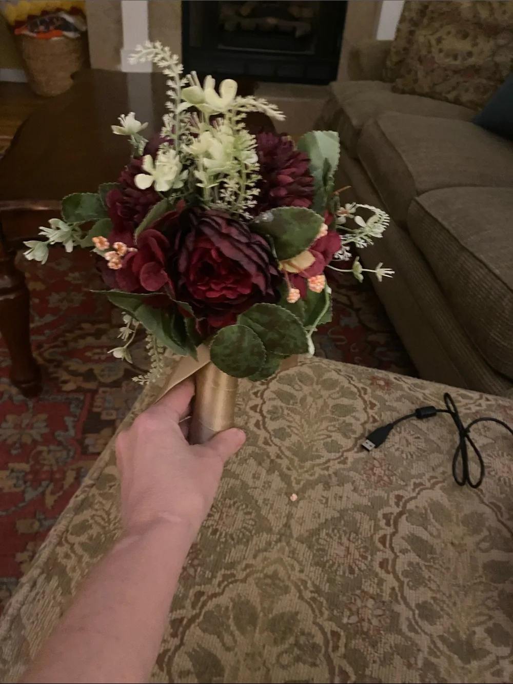 Artificial Burgundy Floral Bouquet with Greenery - bridal bouquet